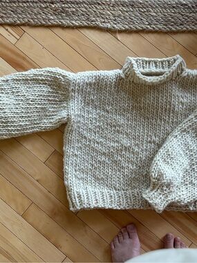 100% hand knit & 100% wool - Chunky Cream Sweater with Mock Neck- Women's